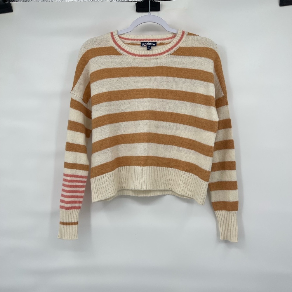 Freshman 1996 cream tan pink striped cropped crew neck sweater
